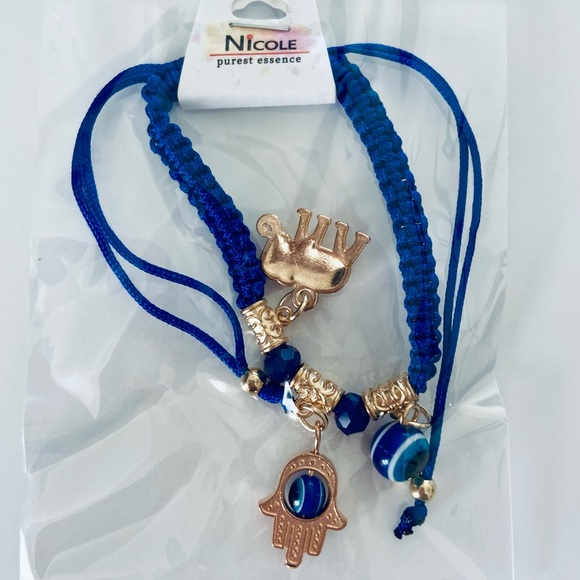 NWT 🧿Blue/Gold Evil Eye, Hamsa Hand & Good Luck Elephant Charm Adjust Bracelet - Picture 1 of 3